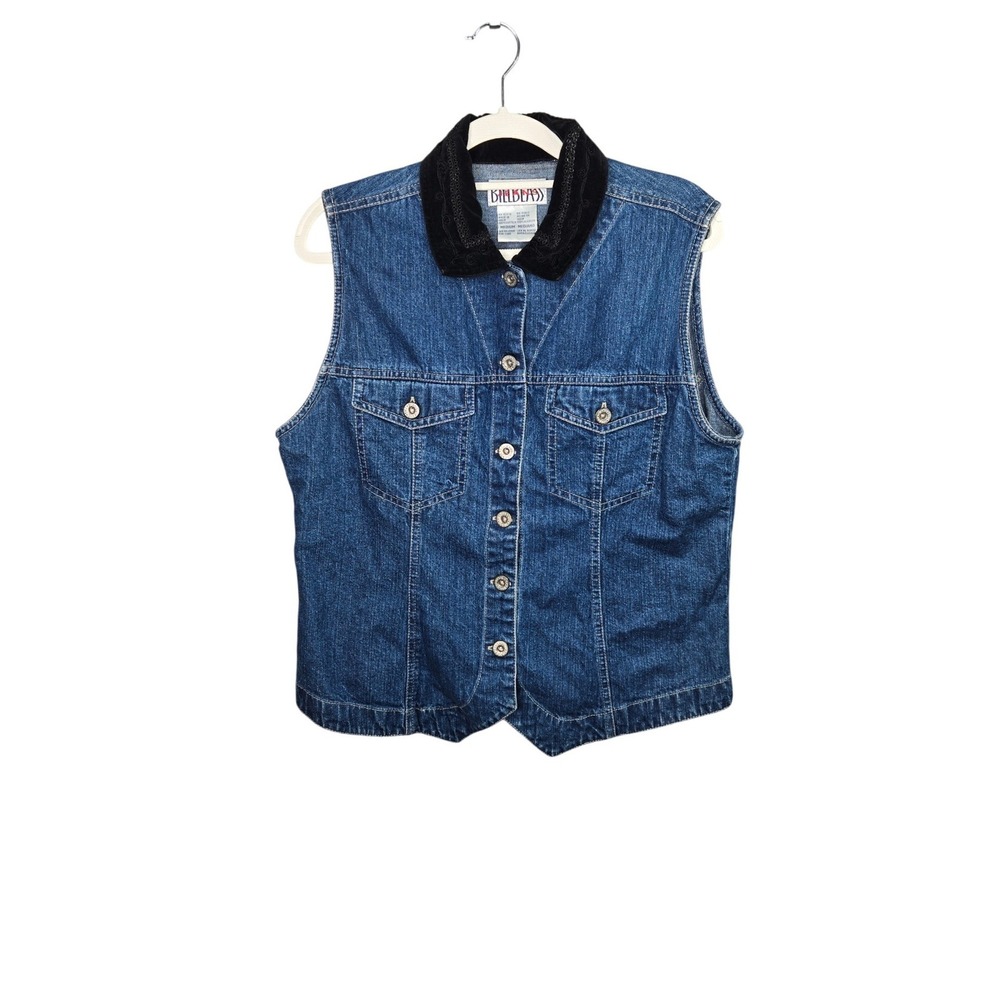 Bill Blass Jeans Denim Vest Womens Medium Blue Velvet Embroidered Collar Vintage